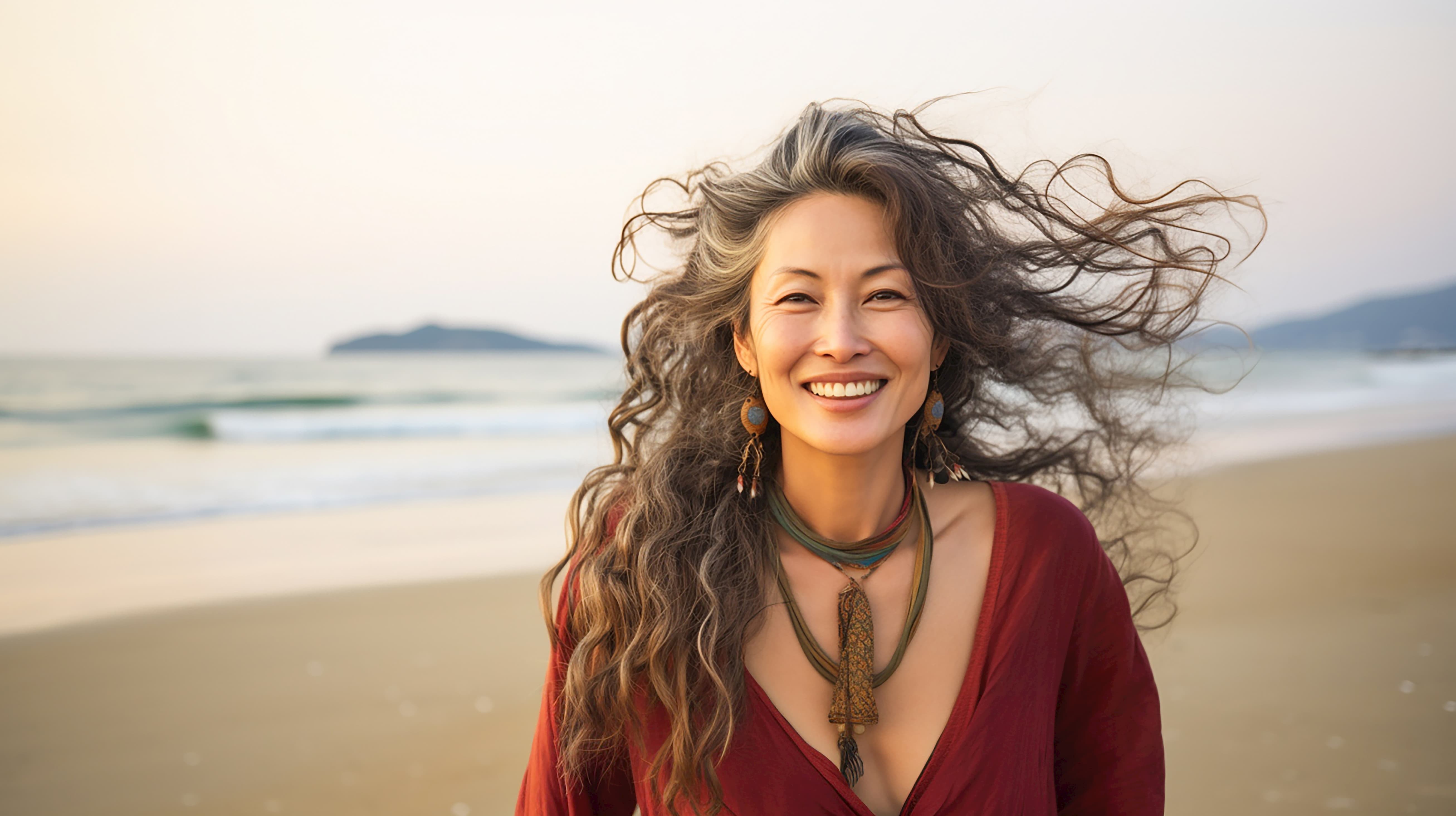Smiling woman with gray hair on the beach, representing natural, healthy-looking skin