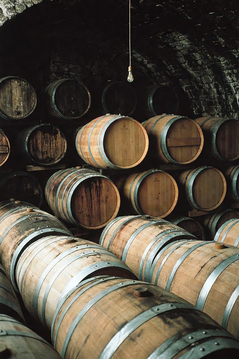 Old wine barrels stacked in a limestone cellar, lit by a single bulb