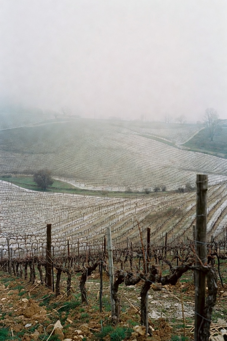 Vineyard rows in winter snow, seen from above