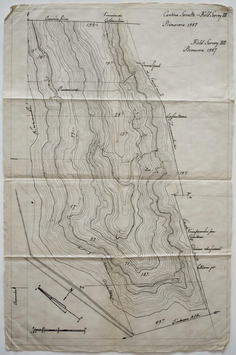 Hand-drawn vineyard survey map, ink on linen, 1987