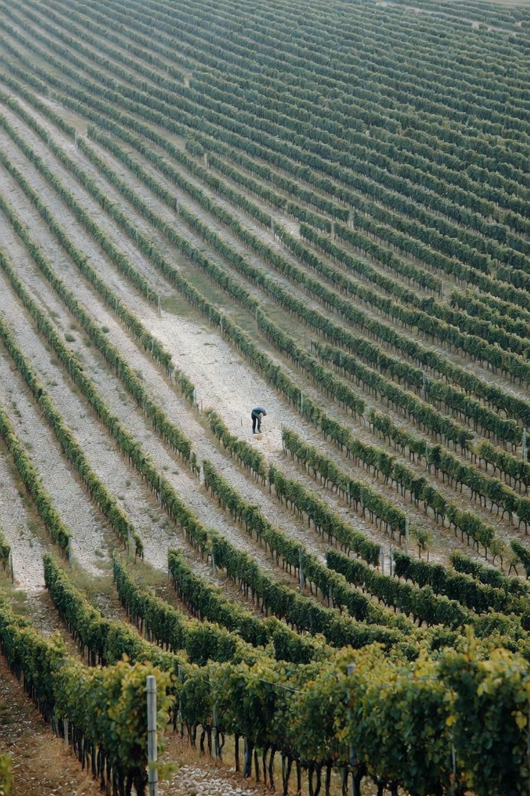 Vigna Bassa in August, thick canopy, a single worker at the row's end