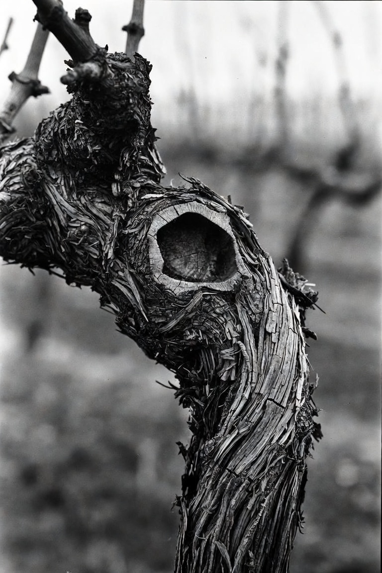 Close-up of old vine bark, split and healing