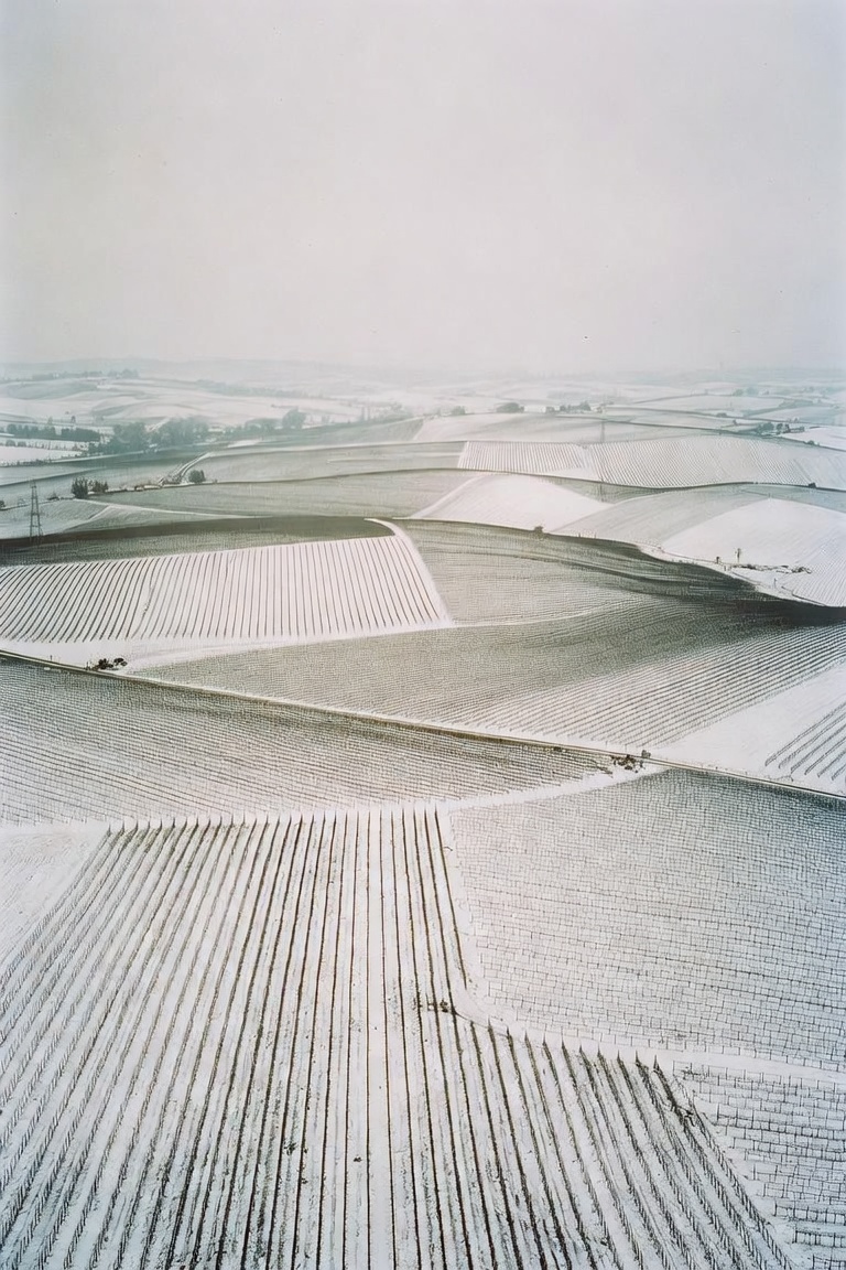 The four vineyard blocks from above in winter, rows reduced to geometry