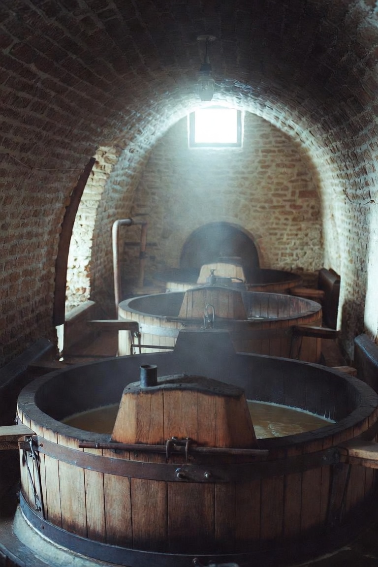 Open fermentation vat, cap of skins being punched down