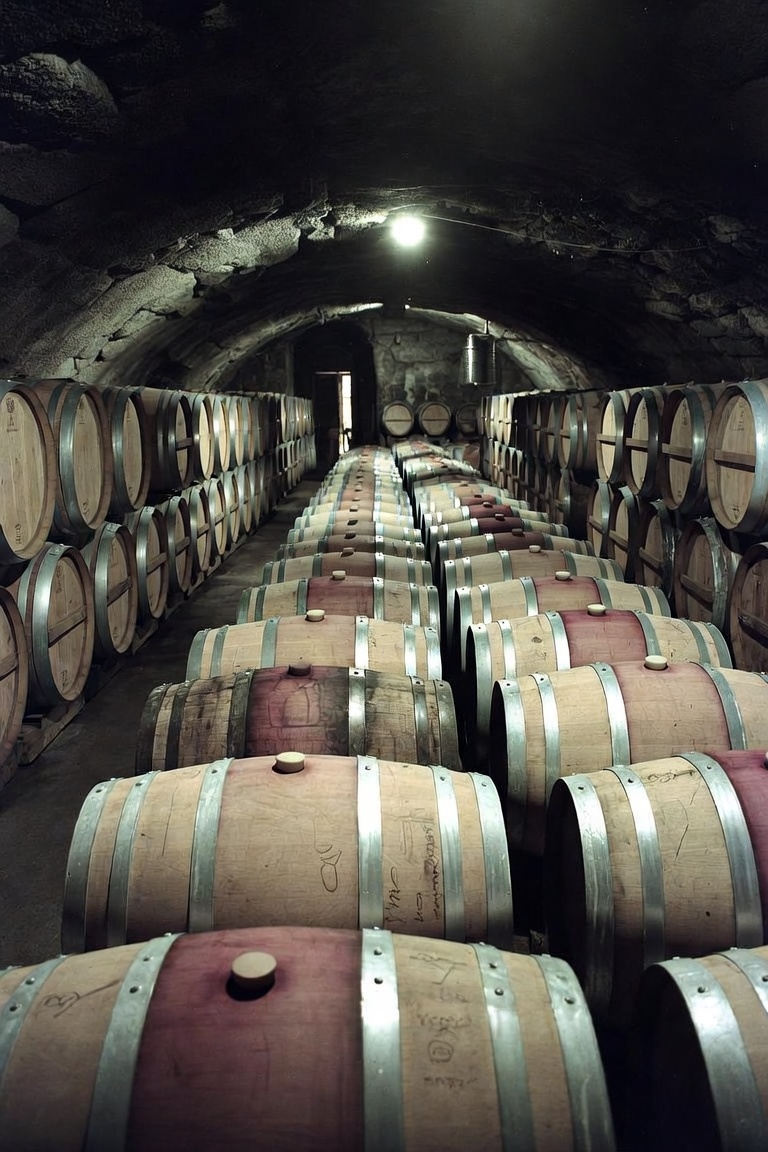 Barrels stacked two high, hoops green with verdigris