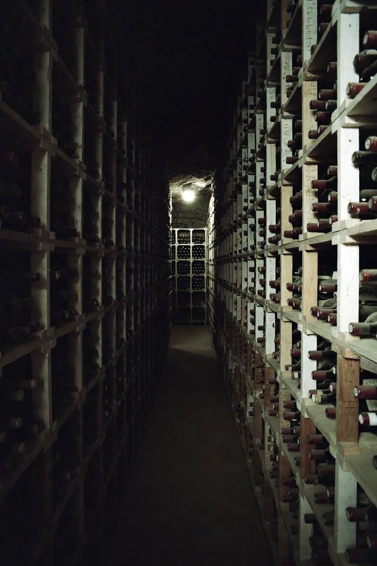 Bottles in cases stacked in a narrow corridor, labels facing away