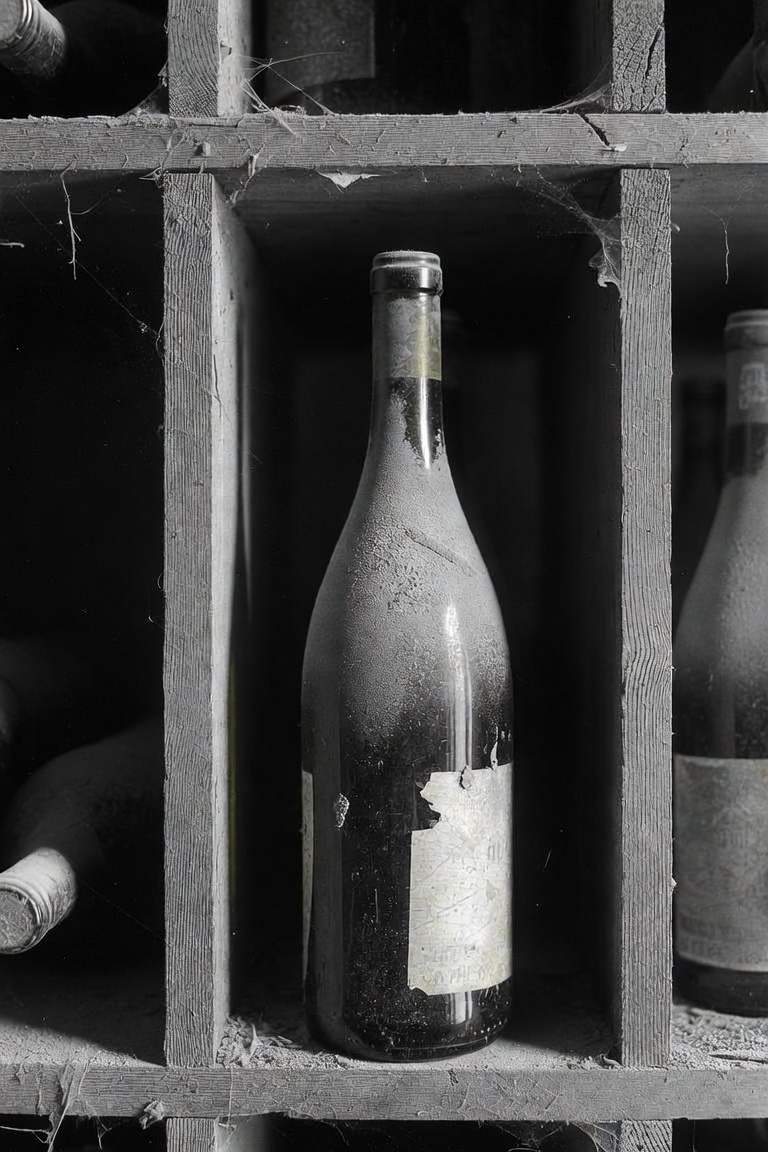 A bottle lying on its side in a rack, dust thick on the shoulder