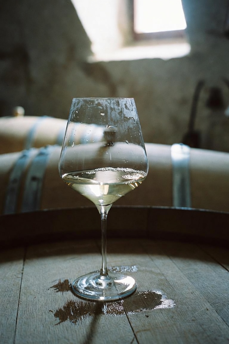 A tumbler of pale gold wine on a wooden barrel
