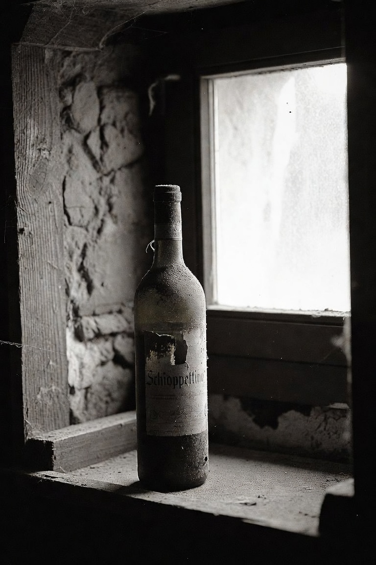 A bottle upright in a cellar window, light falling through pale liquid