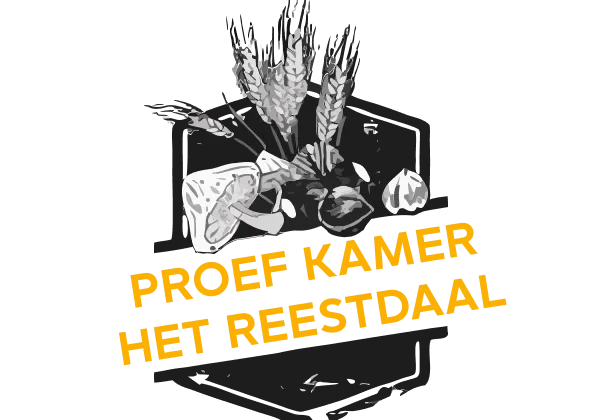 Logo with wheat stalks, bread, and garlic above text 'Proef Kamer Het Reestdaal'