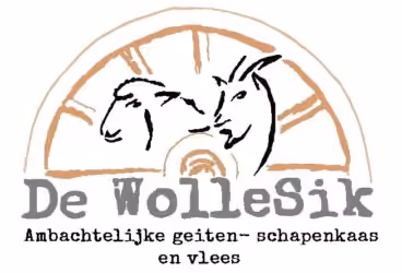 Logo with outlines of a goat and sheep inside a circular wooden wheel, text about artisanal goat cheese and meat.