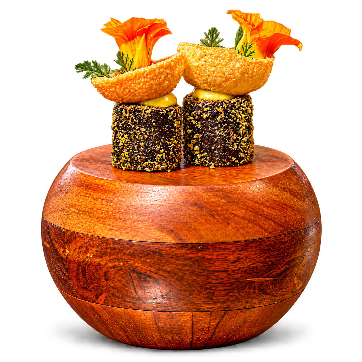 Two bite-sized gourmet appetizers on a polished wooden bowl, garnished with orange flowers and herbs.