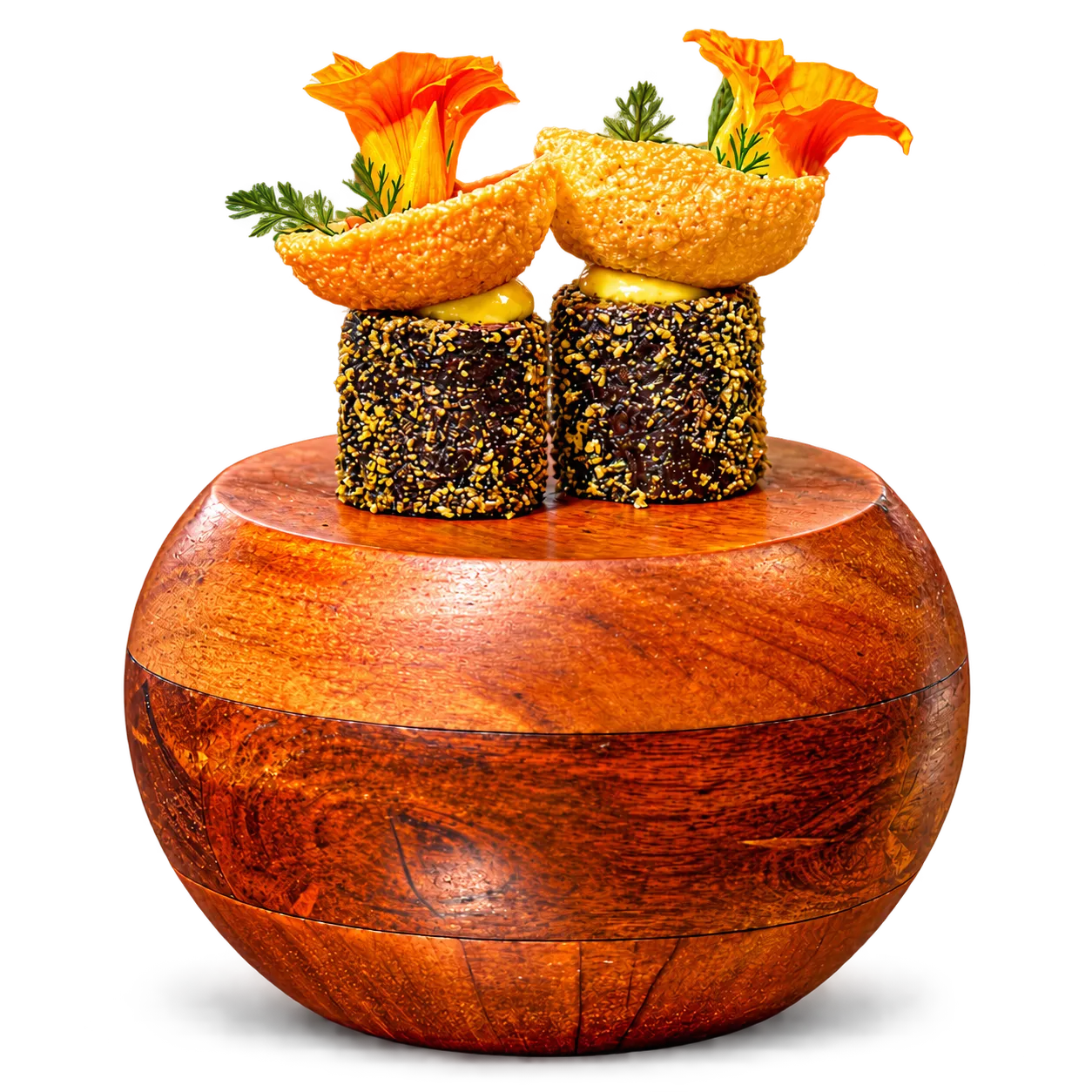 Two bite-sized gourmet appetizers on a polished wooden bowl, garnished with orange flowers and herbs.
