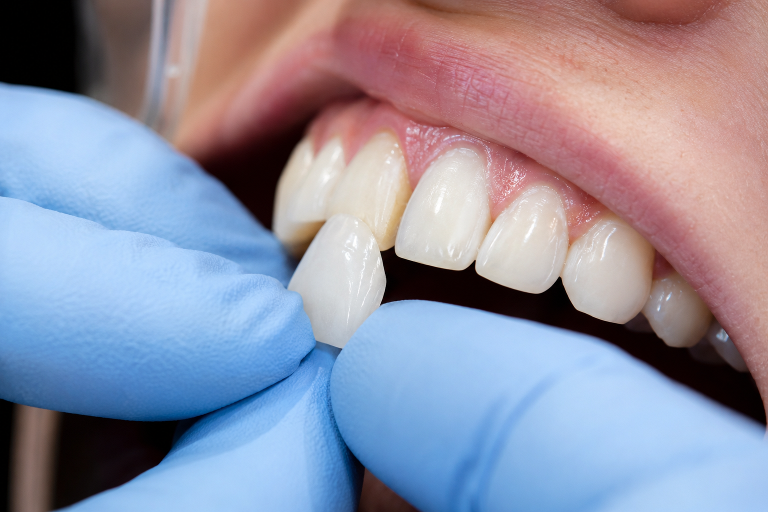 Dentist holding a porcelain veneer against a front tooth