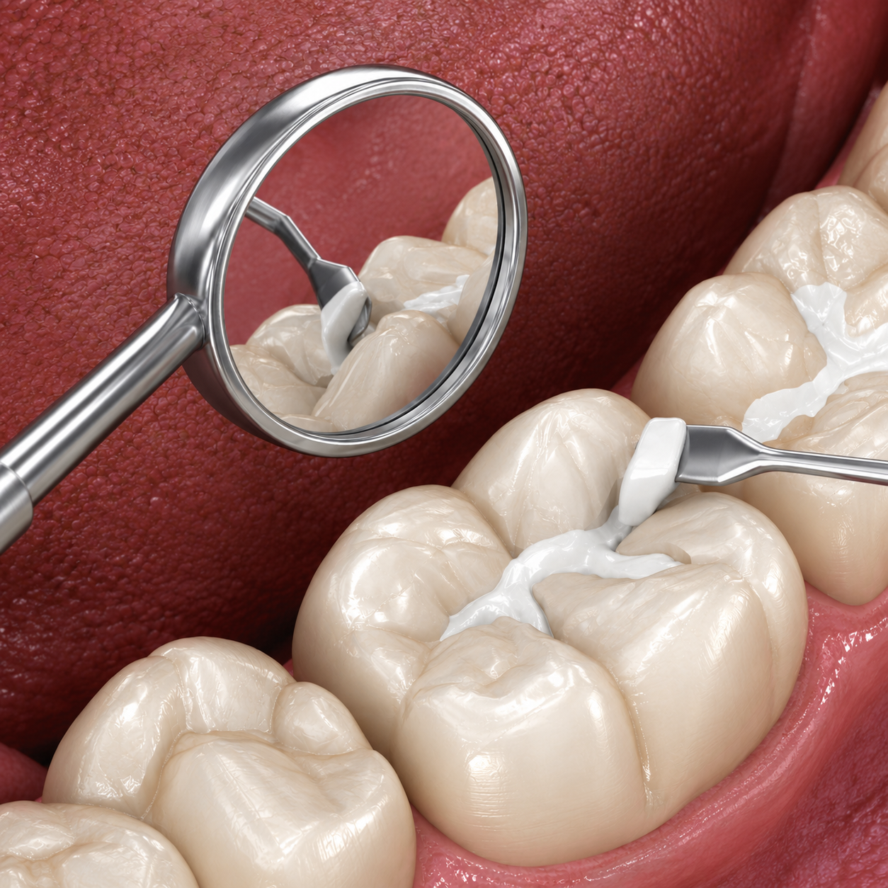 Illustration of a tooth being filled using a dental mirror and instrument