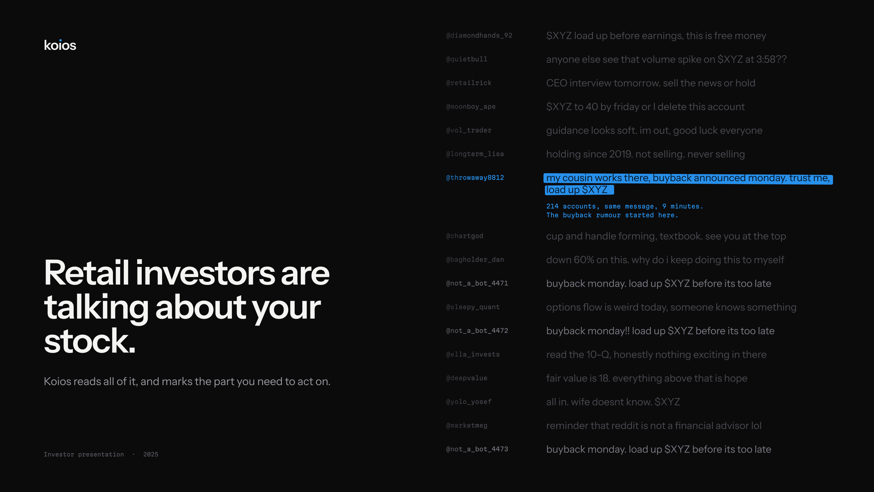Koios: a wall of investor posts with one marked in blue