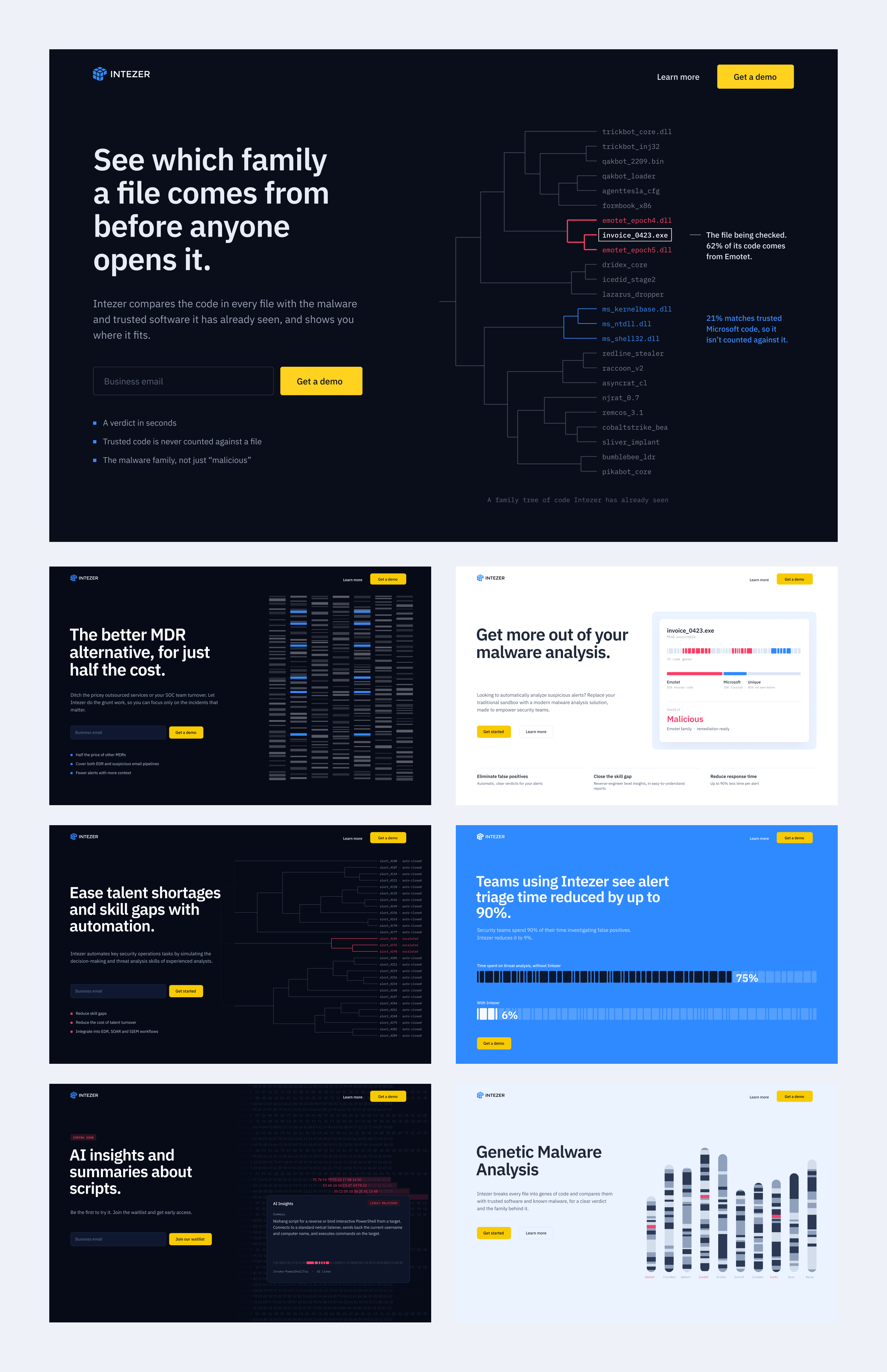 Intezer landing pages, led by the code family tree