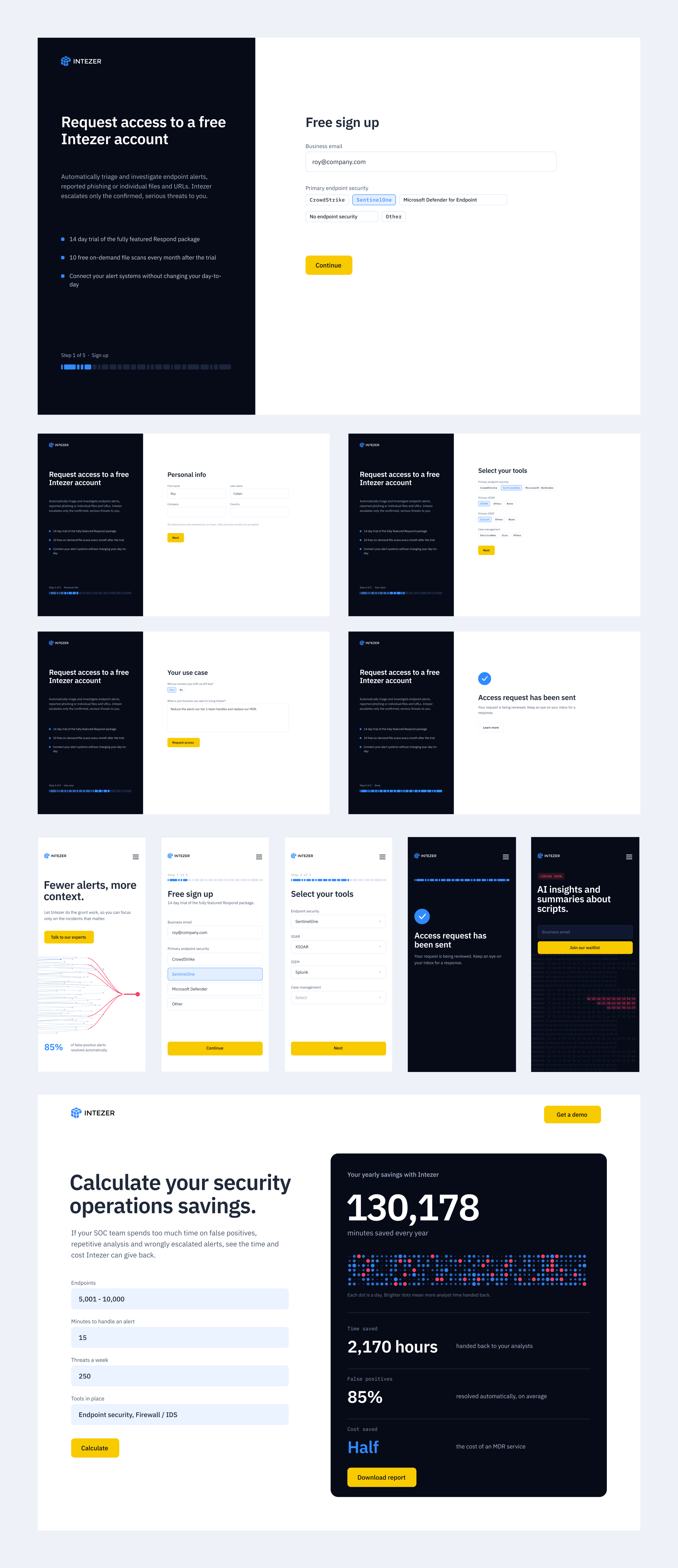 Intezer sign-up flow, mobile screens and ROI calculator