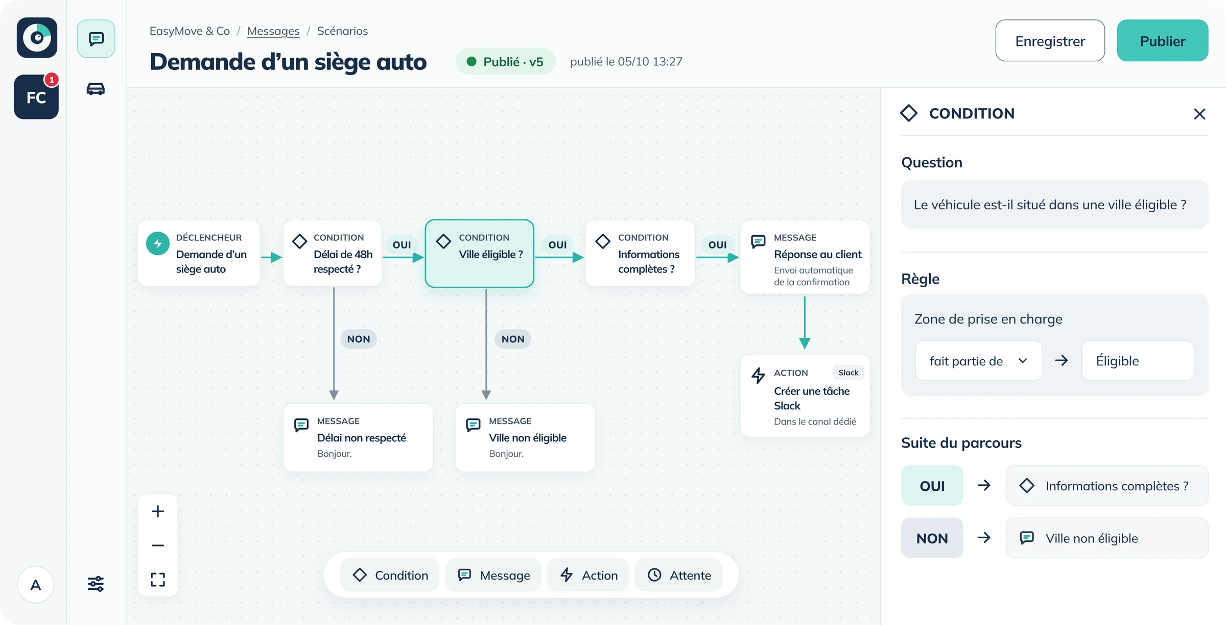 Éditeur de scénarios Argos App : conditions, messages et actions enchaînés