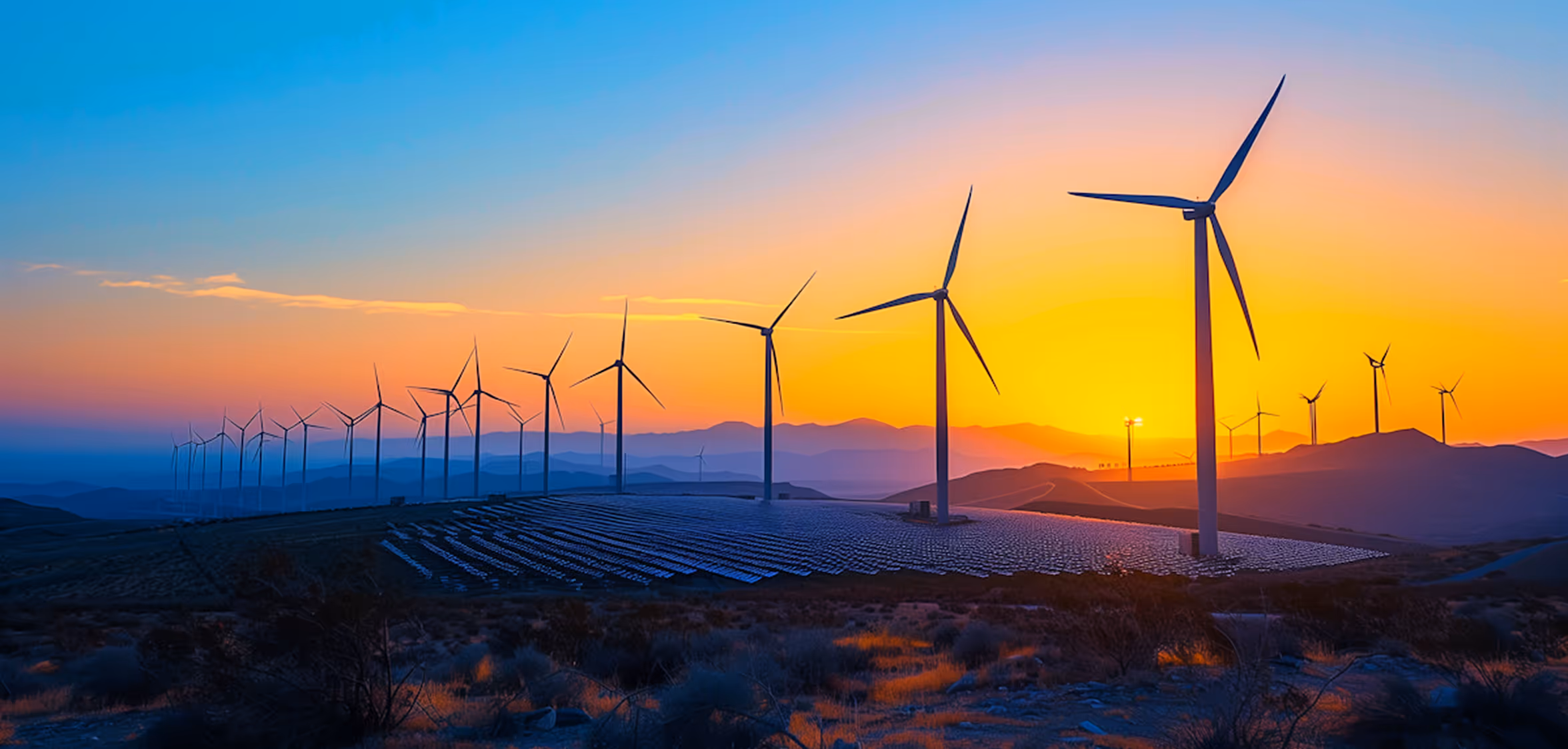 Row of wind turbines and solar panels on hills during a colorful sunset with distant mountains.