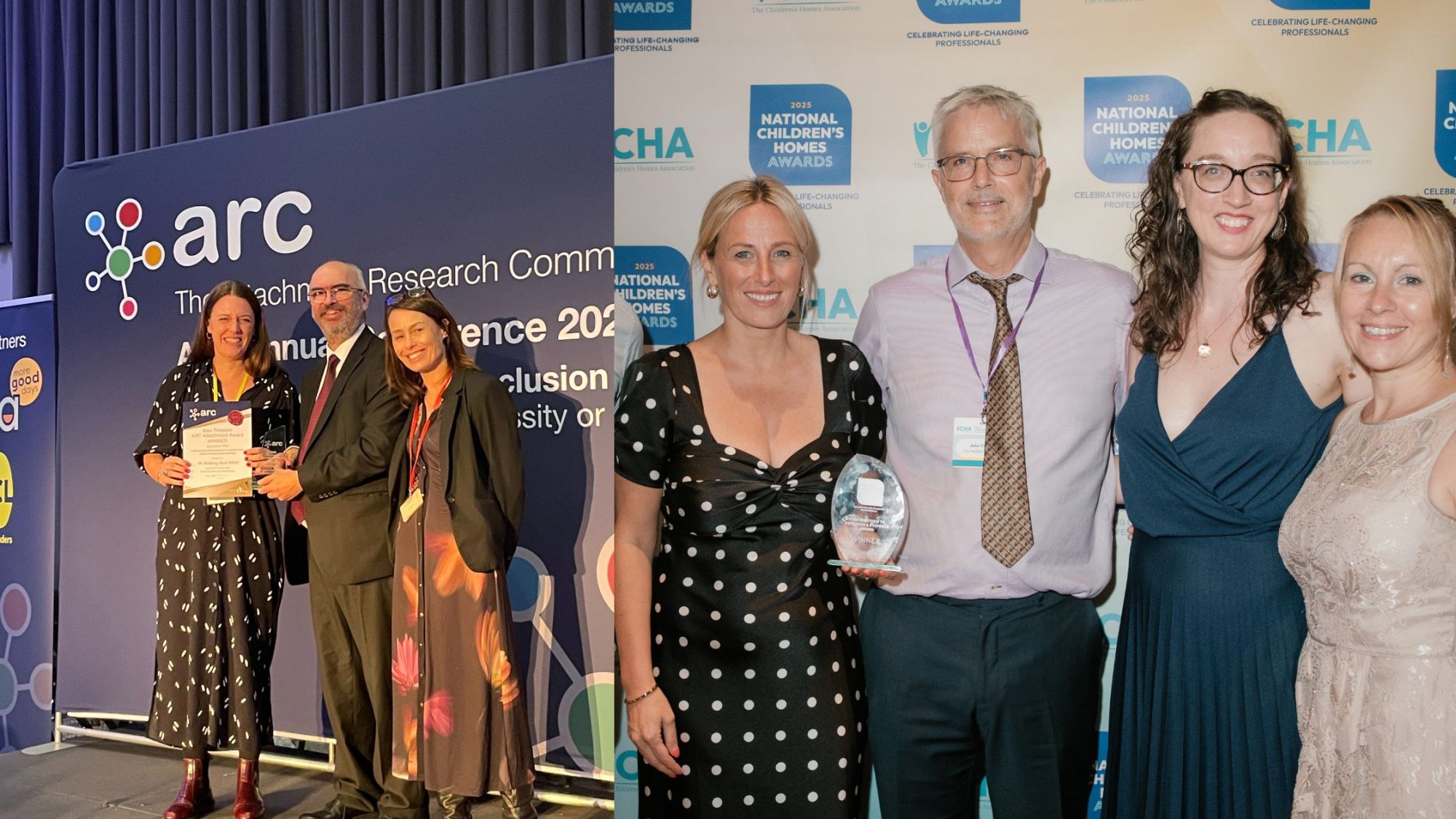 The image on the left pictures Jessica and team with our ARC award. The image on the right pictures our CEO John with colleagues accepting the National Children's Homes award.