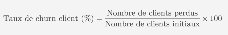 Formule pour calculer le taux de churn client; Calcul du taux de churn client : clients perdus sur clients au début de la période; Méthode de calcul du taux de churn client; Représentation du calcul du taux de churn client; Illustration du calcul du taux de churn client sur 3 mois; Explication visuelle du calcul du taux de churn client; Démonstration du calcul du taux de churn client à partir des données; Calcul du taux de churn client pour une période donnée; Formule pour déterminer le taux de désabonnement des clients; Exemple de calcul du taux de churn client en entreprise