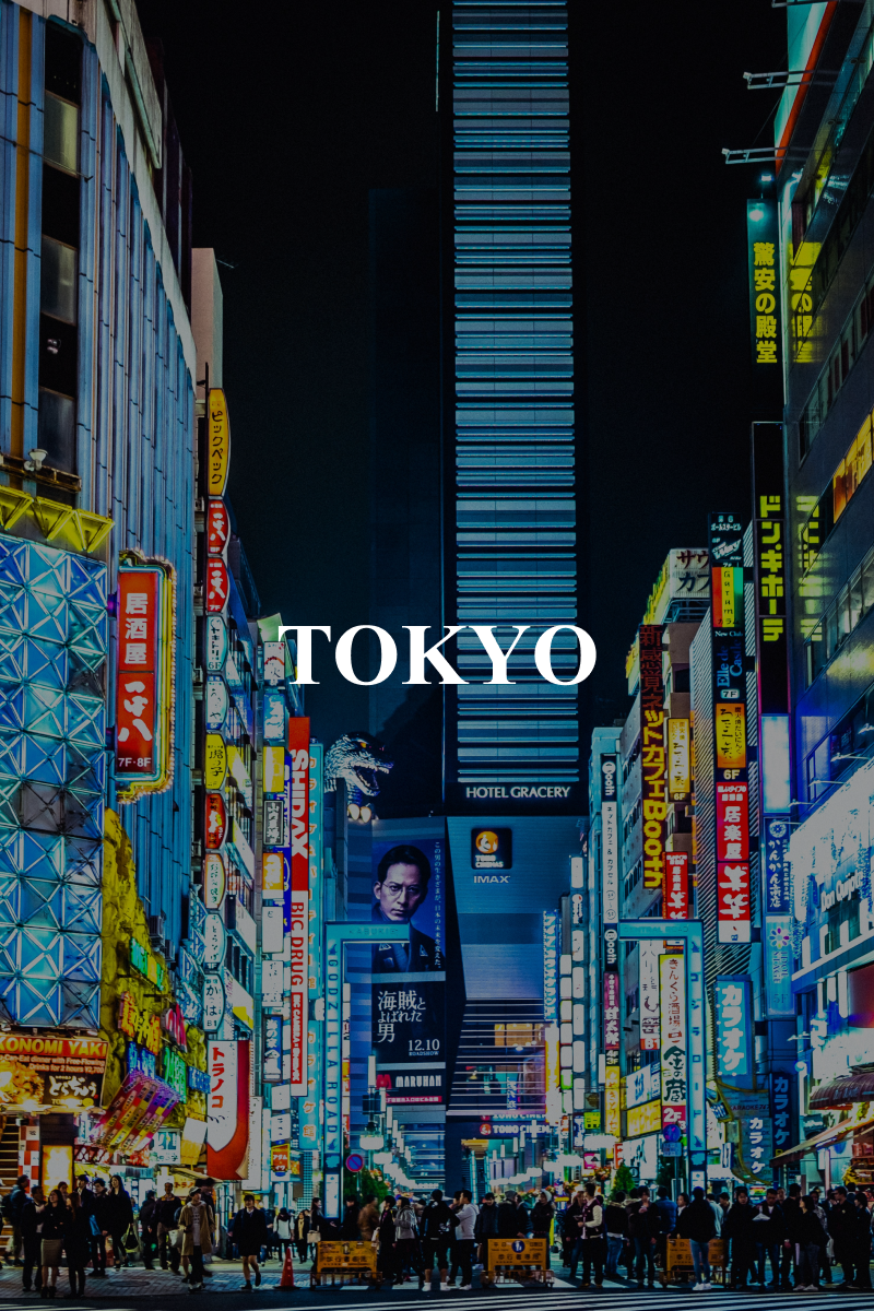 Colourful buildings at night in Tokyo