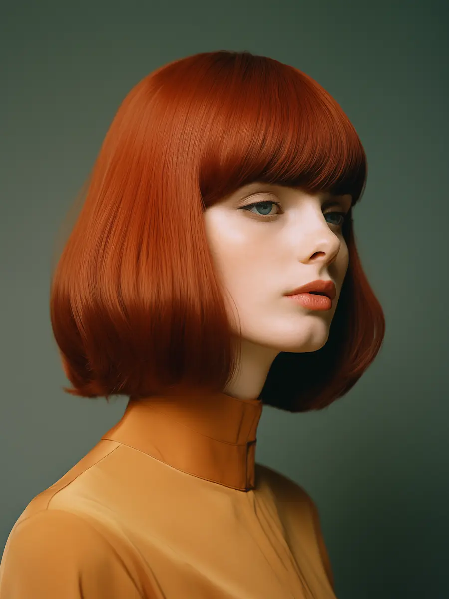 Portrait of a person with a fashionable red bob hairstyle