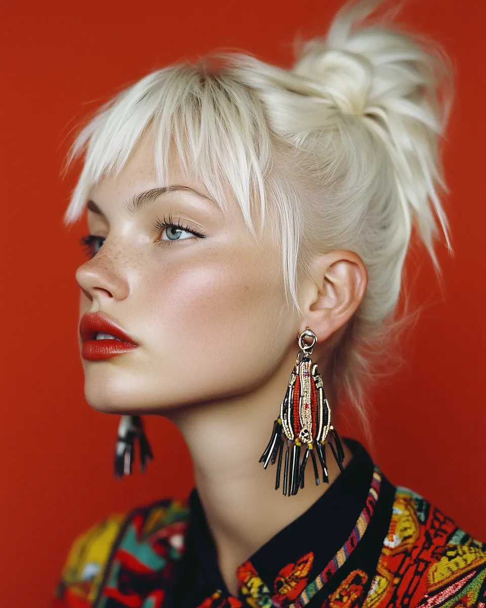 Profile portrait of a person with platinum blonde hair