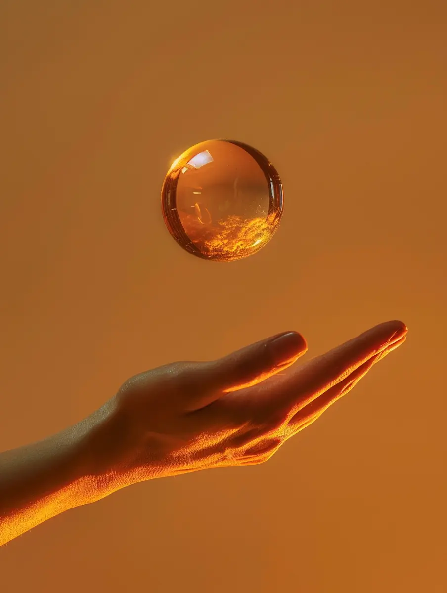 Hand holding an orange sphere against a plain background