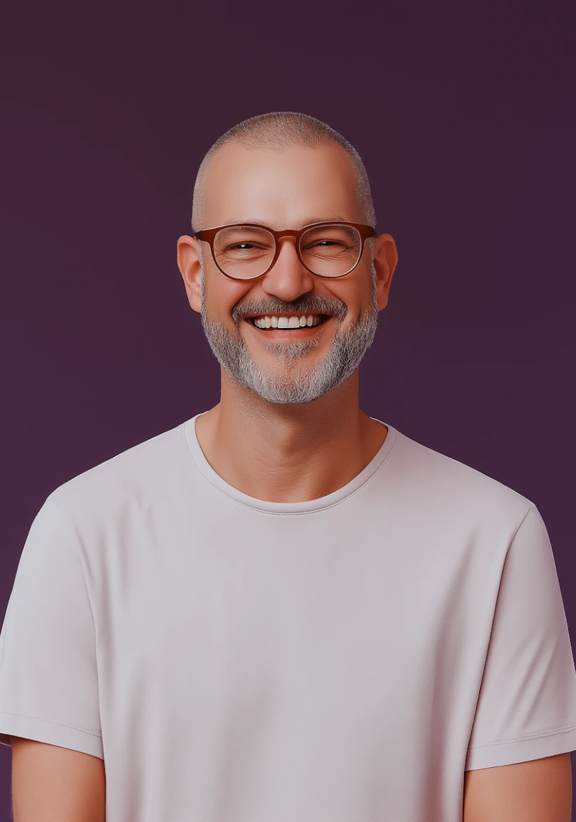 Professional studio headshot portrait of a smiling man against a neutral background