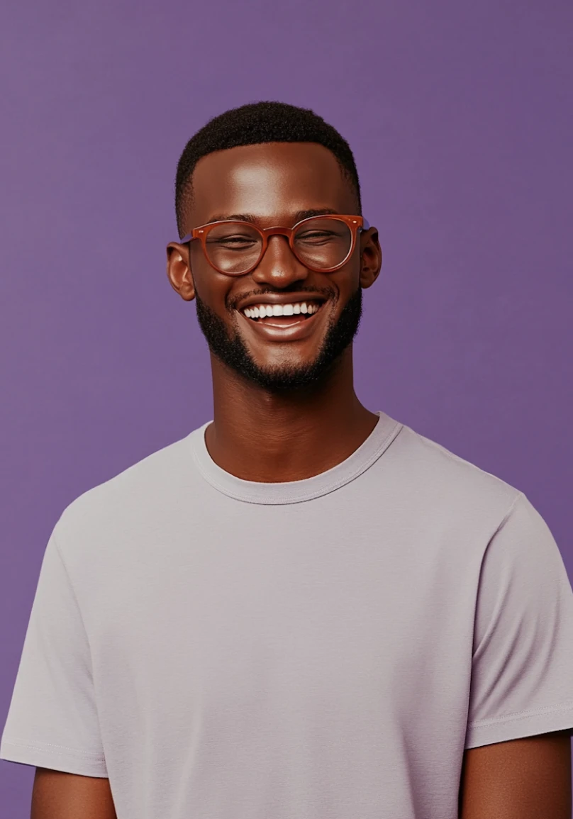 Professional studio headshot portrait of a smiling man wearing glasses against a neutral background
