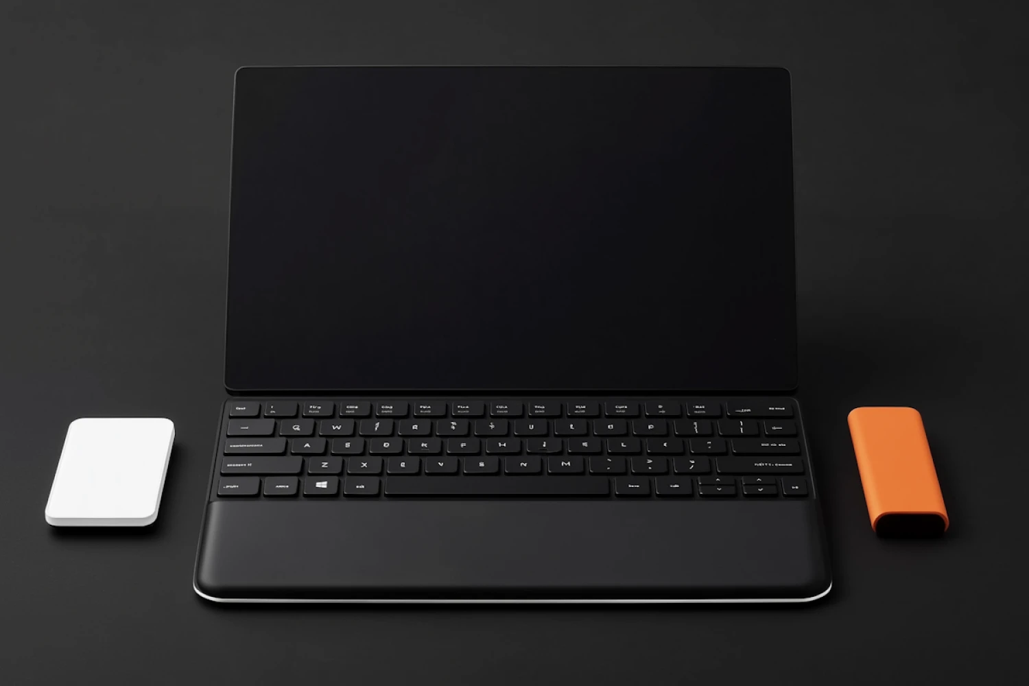 A modern minimalist workspace setup with a laptop, desk lamp, and office accessories on a dark textured desk