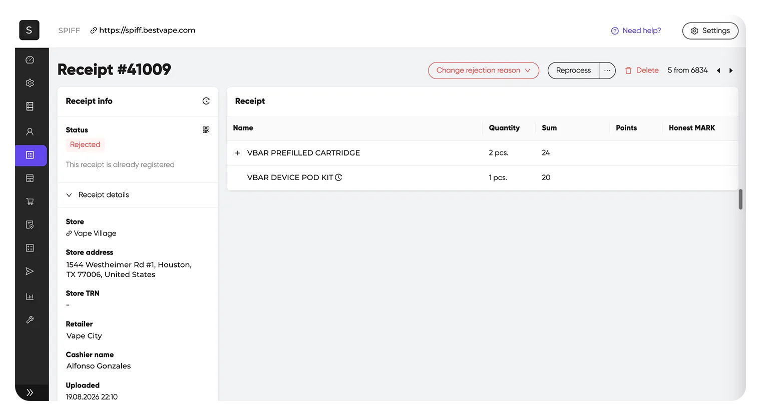 Receipt moderation in a SPIFF platform admin panel: a duplicate receipt rejected automatically, with the rejection reason shown