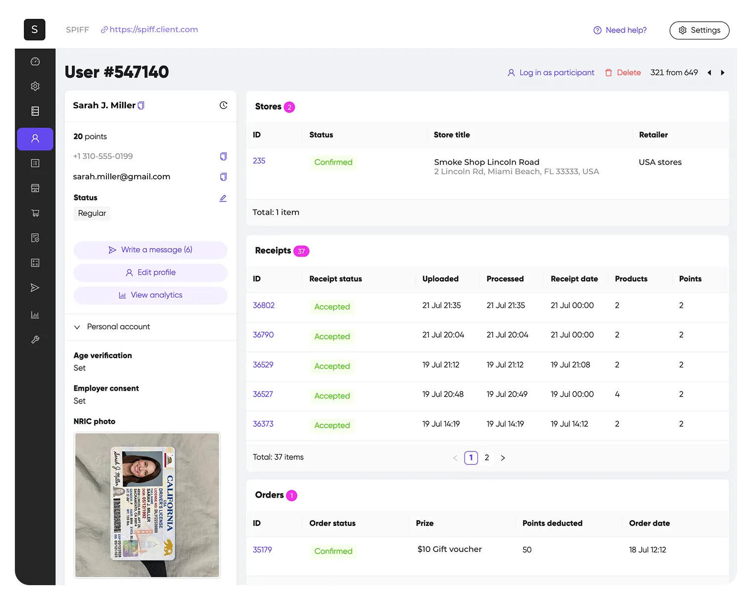 Participant profile in a SPIFF platform admin panel: verified identity, attached store, and submission history with validation statuses