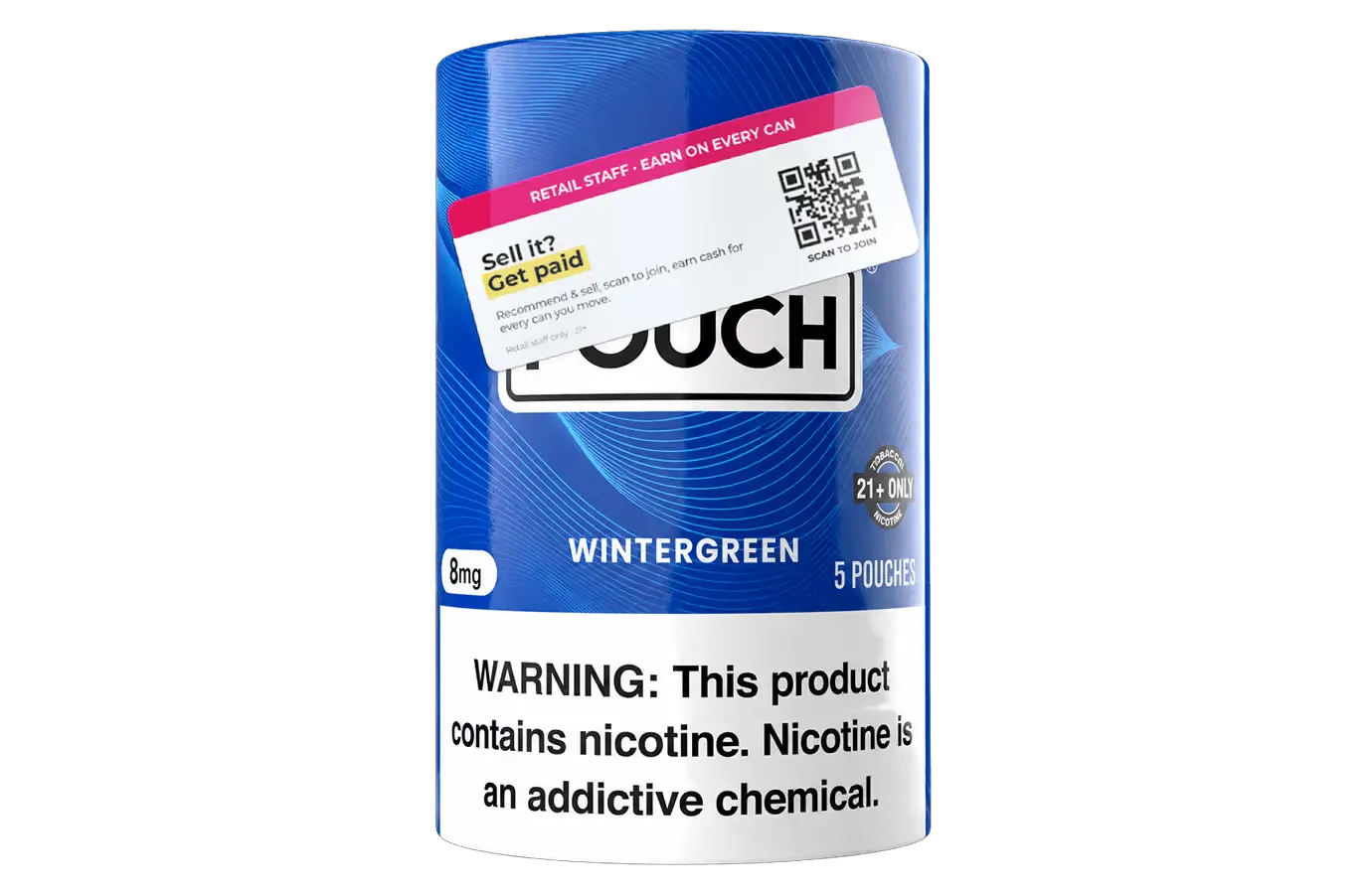 SPIFF program recruitment sticker on a nicotine pouch sleeve: Sell it? Get paid, with a scan-to-join QR code