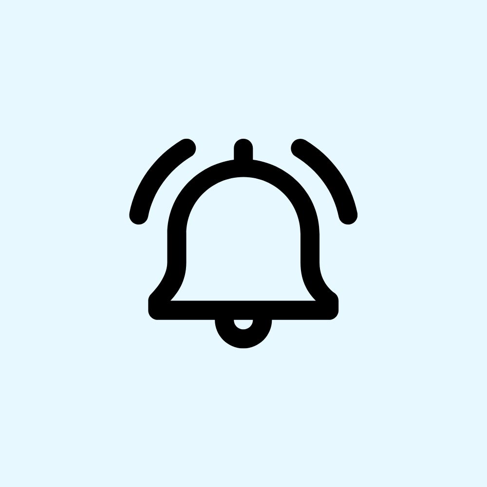 Black ringing bell icon with sound lines on a light blue background.