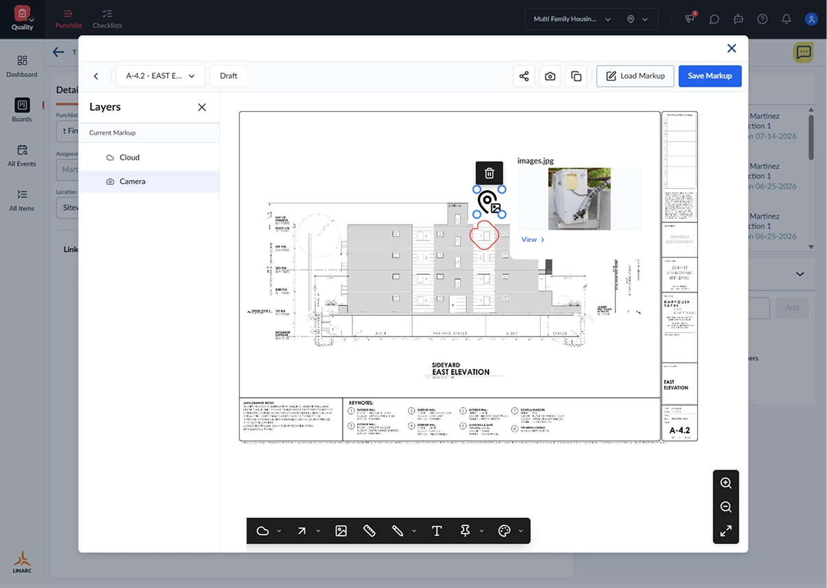 Punch list items pinned to a plan in Linarc