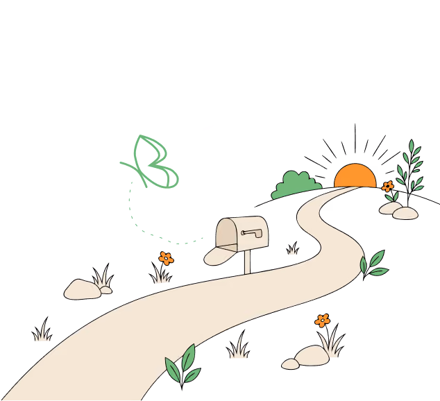 Curving beige path with mailbox, plants, and orange sun rising behind bushes and rocks.