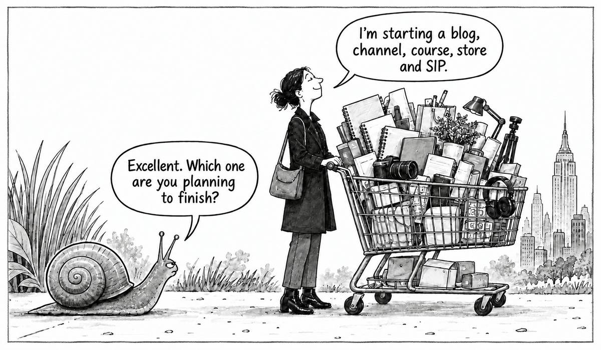 Student overwhelmed with multiple passive income ideas like blogging, courses, and online stores