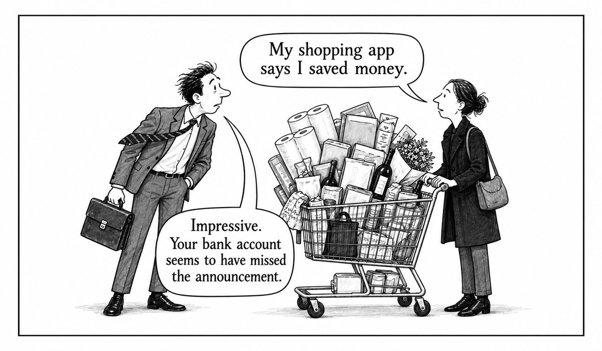 a shopping app claims savings while the bank account balance shows otherwise