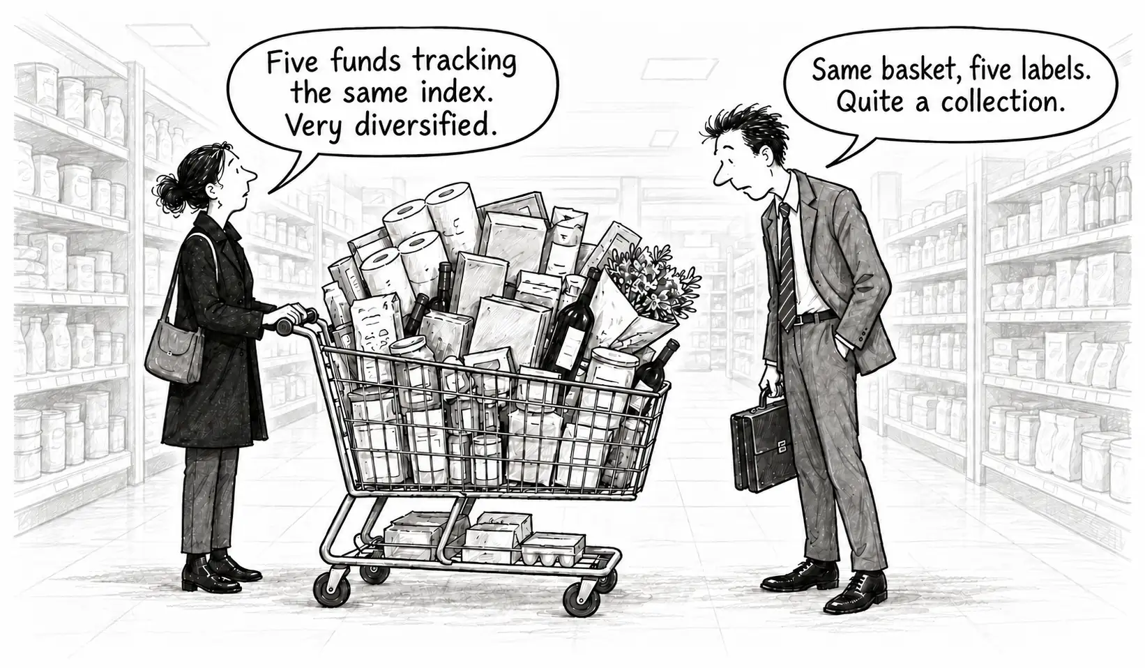 Two investors joke about how five funds tracking the same index offer little extra diversification.