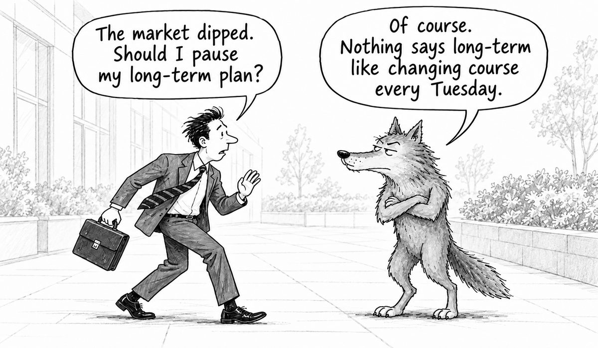 Long-term investing: An investor and wolf discuss how reacting to market dips can undermine a long-term investment plan.