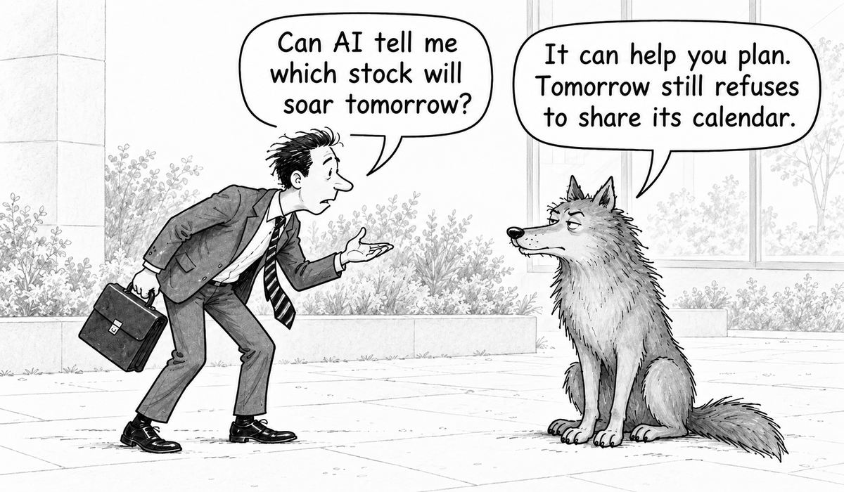 AI prediction limits: An investor and wolf explain that AI can support financial planning but cannot predict tomorrow's winning stock.