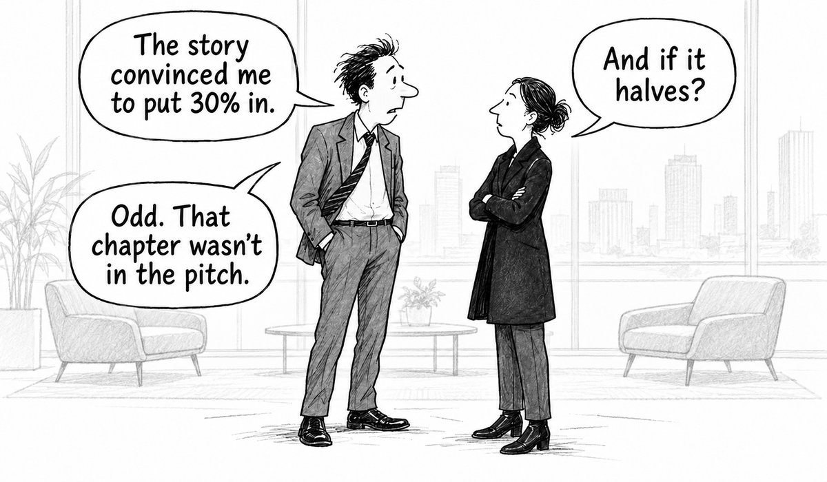 Two investors in an office discuss a 30% stock allocation and the downside missing from a multibagger pitch.