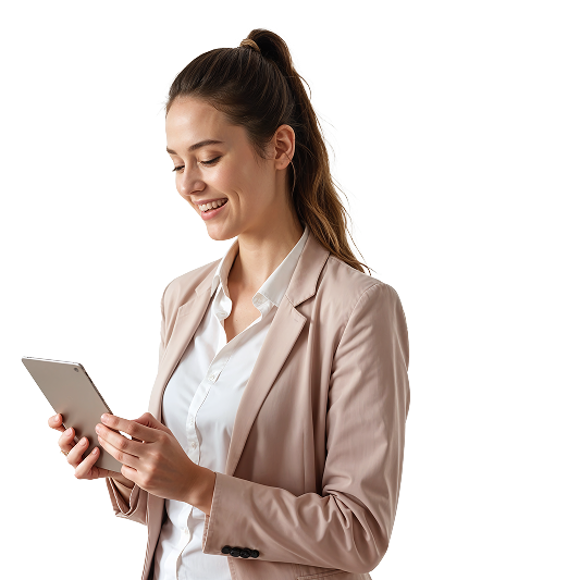 Woman reviewing software adoption results on a tablet