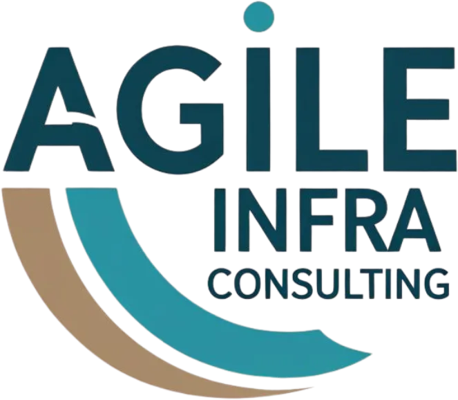 Agile Infra Consulting -yrityksen logo mustalla taustalla. Teksti 'AGILE INFRA CONSULTING' on tumman turkoosi. 'AGILE'-sanan I-kirjaimen piste on vaaleampi turkoosi ympyrä. Tekstin alla on kaksi kaarevaa viivaa: vasen on ruskea ja oikea on vaalean turkoosi.
