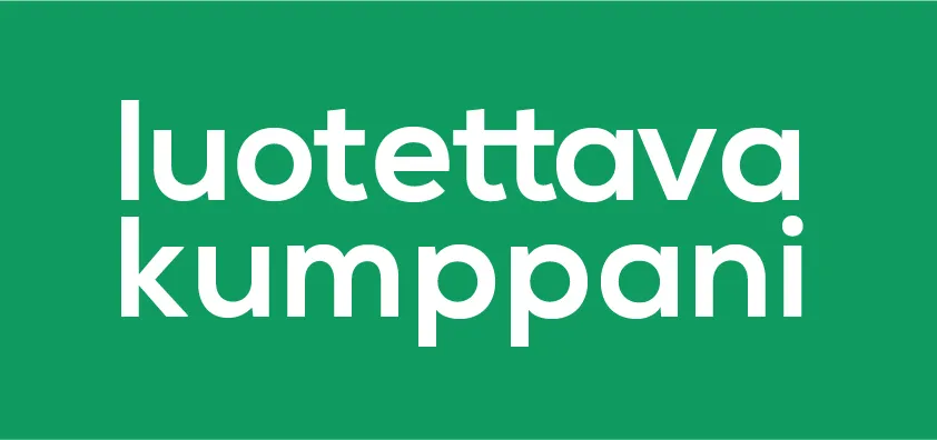 Valkoinen teksti "luotettava kumppani" kahdella rivillä vihreällä taustalla.