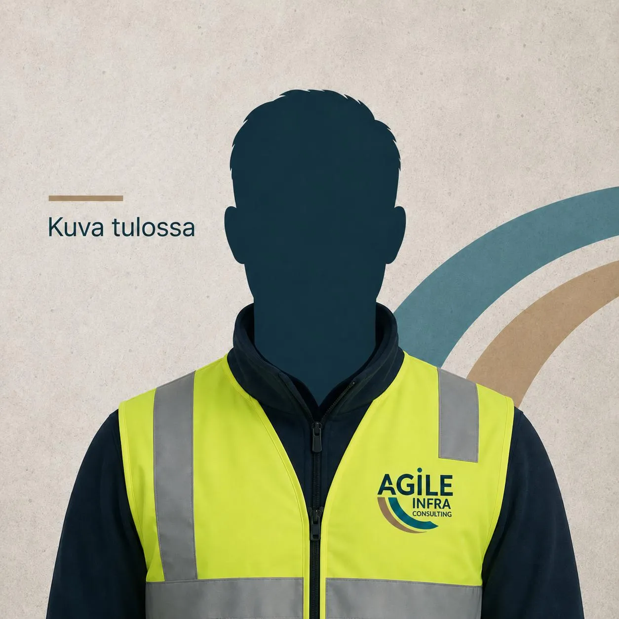 "Kuva tulossa" -teksti ja tumma siluetti henkilöstä, yllään keltainen huomioliivi harmailla heijastinnauhoilla. Liivissä on "AGILE INFRA CONSULTING" -logo. Vaalealla taustalla näkyy sinisiä ja ruskeita kaarevia kuvioita.