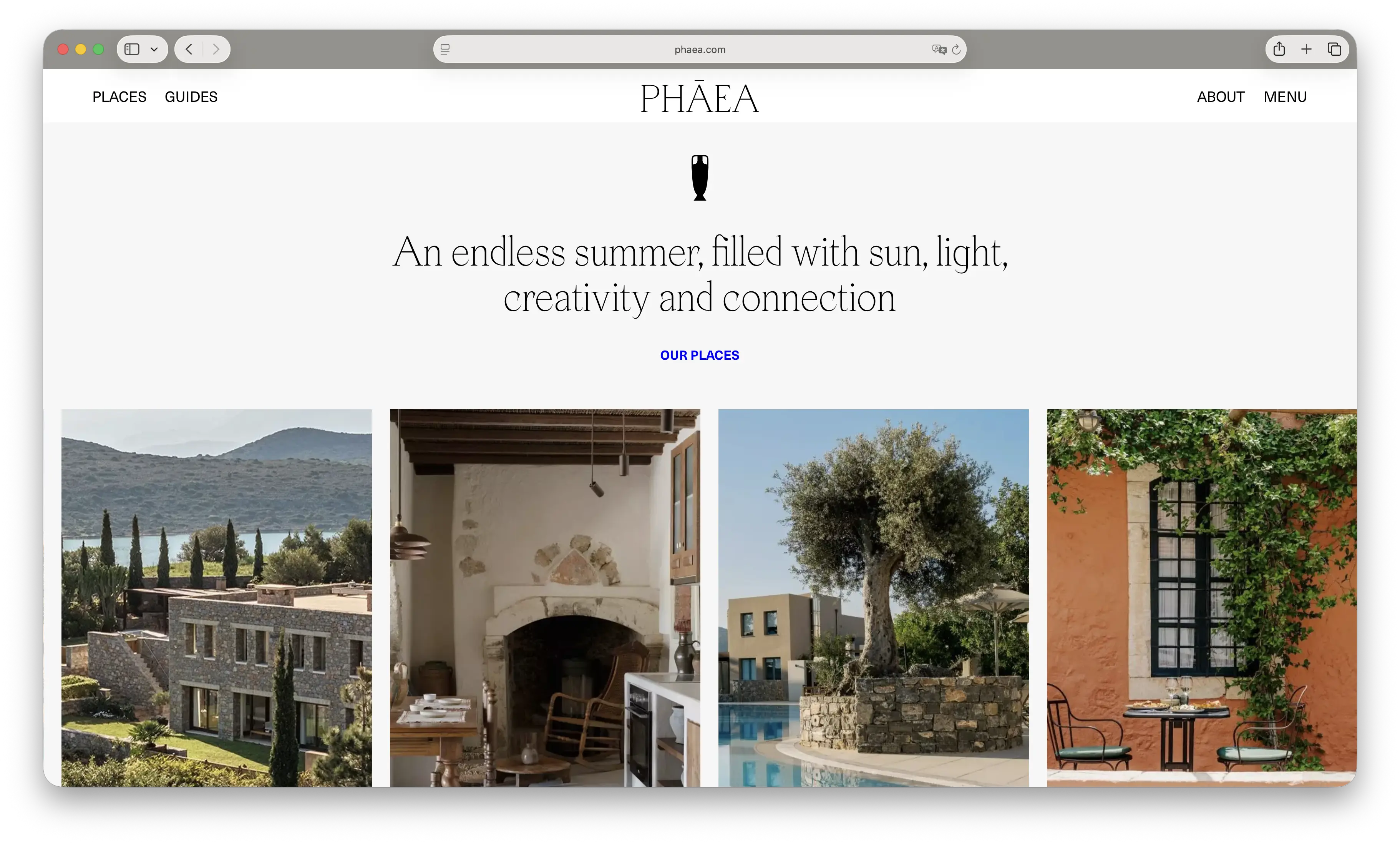 Screenshot of Phāea's homepage showing four property photos across the resort's stone buildings and grounds
